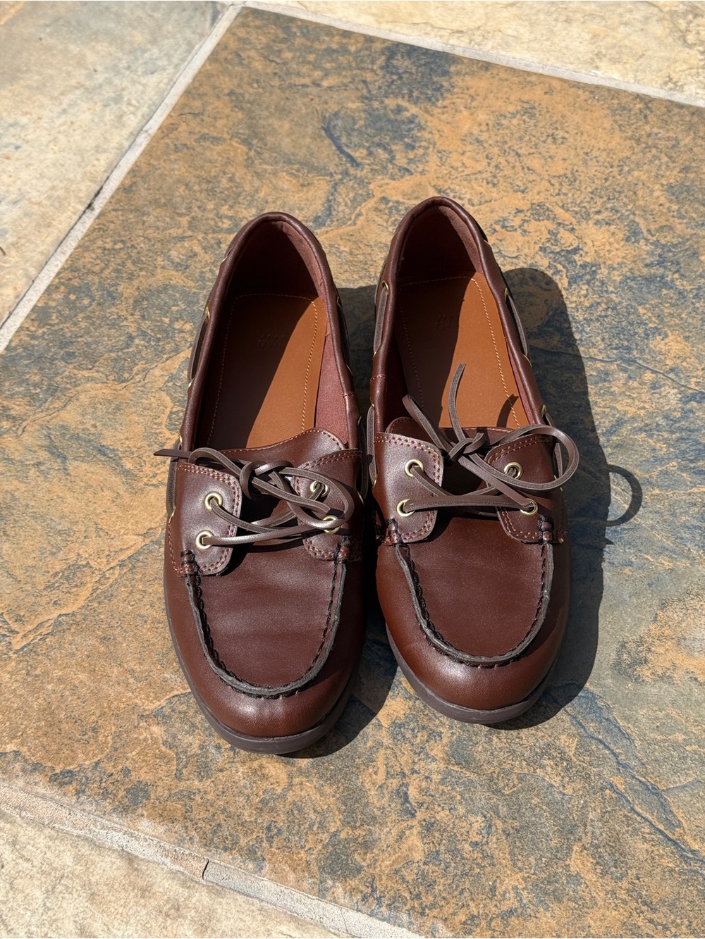 H&M Women's Brown Leather Boat/Deck Shoes Slip-On Lace-Up Size 8 - Fit 8.5